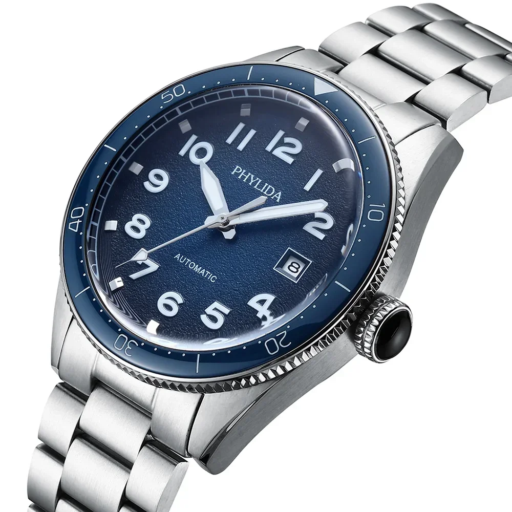 Men's blue dial wristwatch with stainless steel band, automatic movement, and date display.