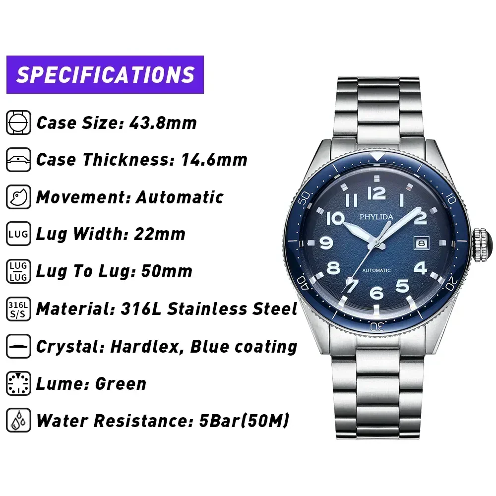 Men's stainless steel wristwatch with blue dial, automatic movement, and water resistance.