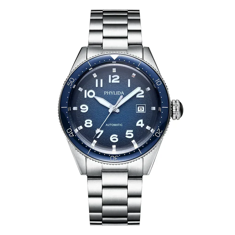 Elegant stainless steel wristwatch with blue dial, rotating bezel, and date display. Perfect for nautical adventures.