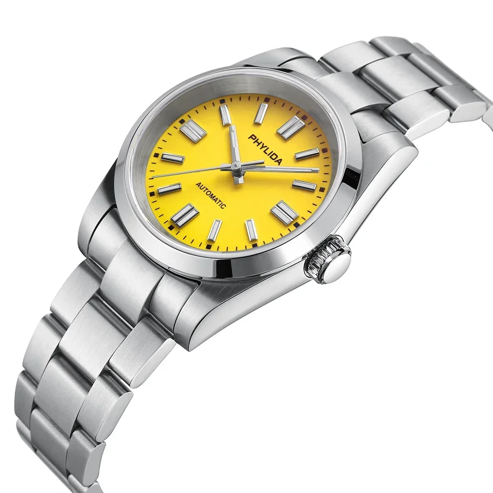 Stylish yellow dial stainless steel watch with silver band.