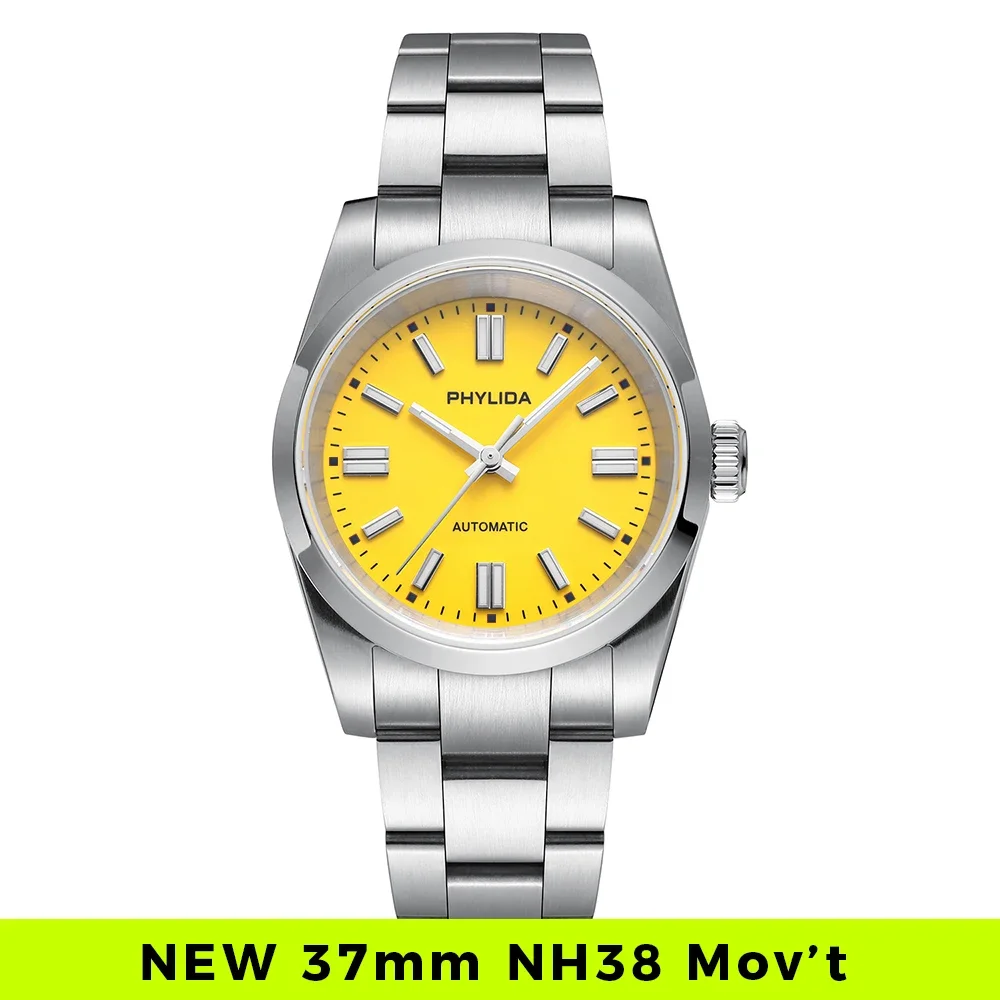 Stainless steel wristwatch with a vibrant yellow face, automatic movement, and durable strap.