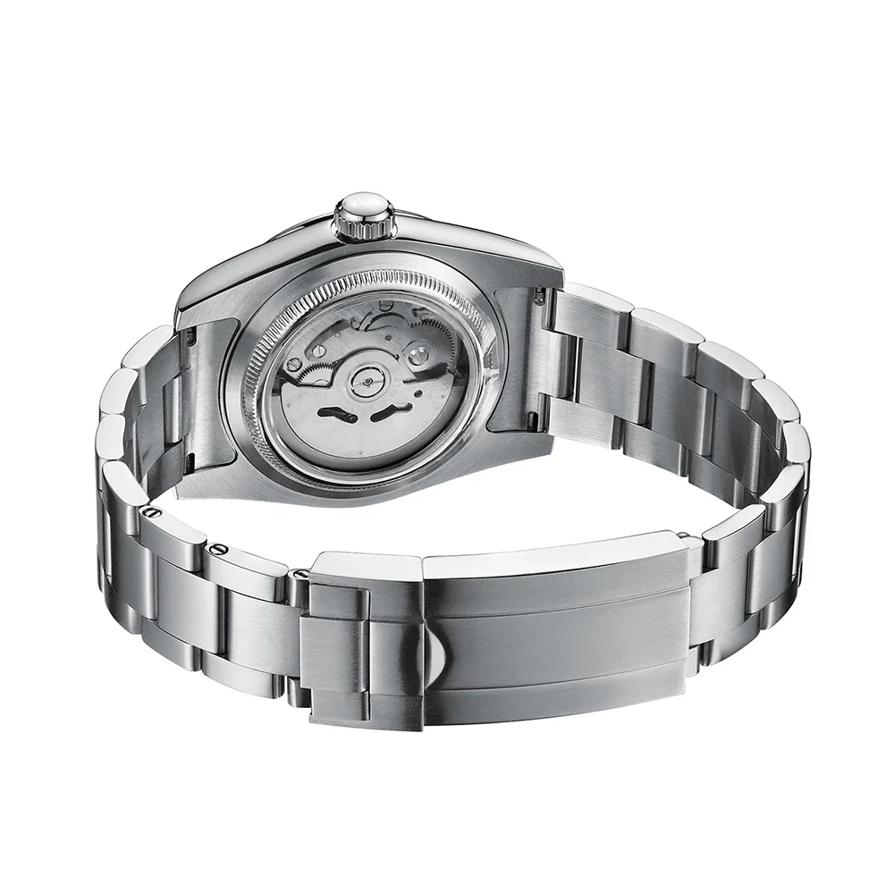 Stainless steel luxury watch with automatic movement, see-through case back showcasing intricate gears.