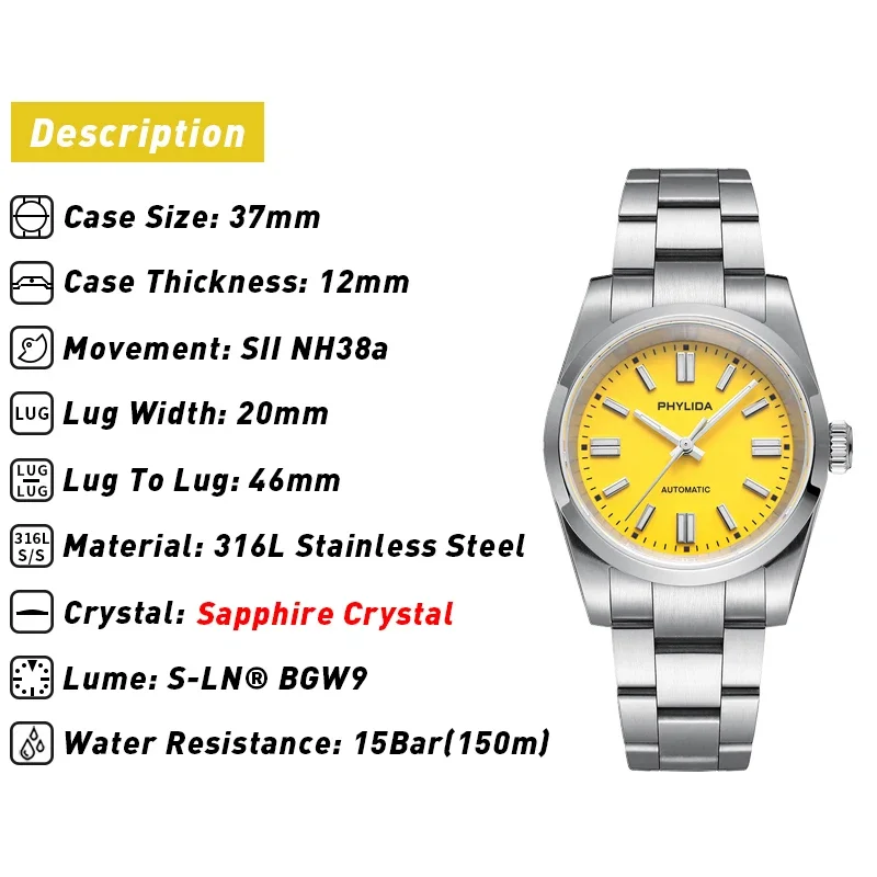 Luxury stainless steel watch with yellow dial, sapphire crystal, automatic movement, 150m water resistance.