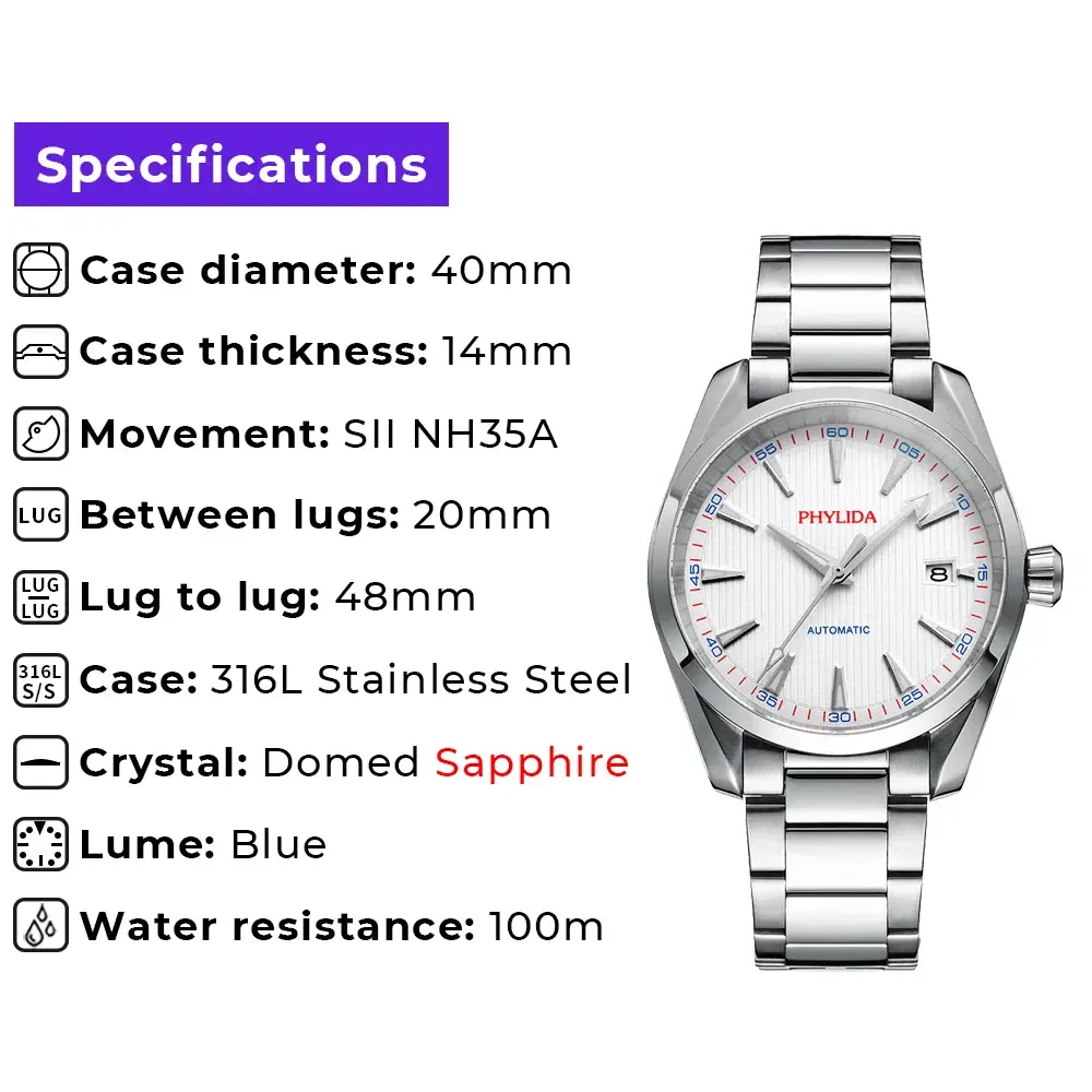 High-quality stainless steel strap and case with precise automatic movement.