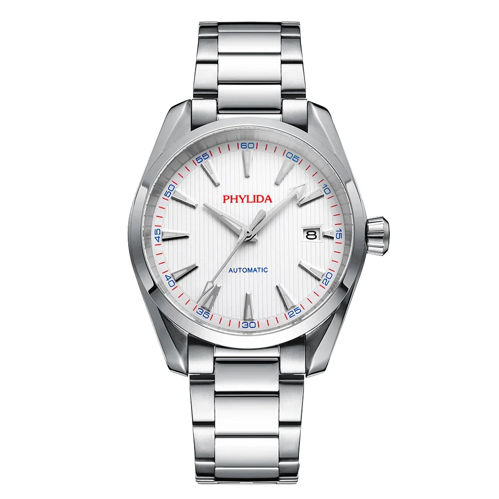 Stainless steel automatic men's wristwatch with date display, sleek silver dial, and bold hour markers.