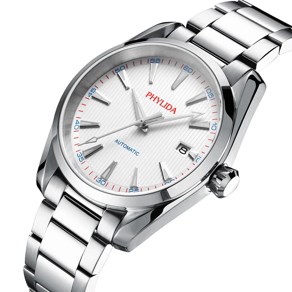 Elegant men's wristwatch featuring a sleek silver stainless steel band and a white dial with red and blue accents.
