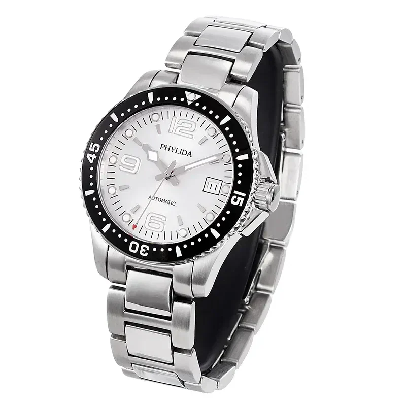 Stainless steel men's dive watch with black bezel and white dial, automatic movement.
