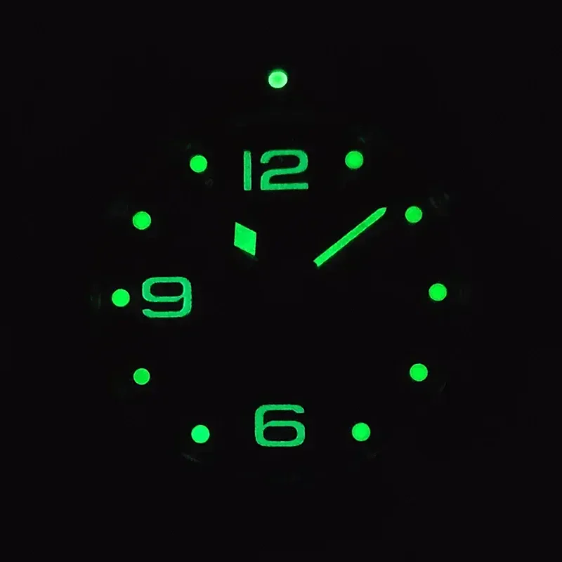 Luminous glow watch with glowing hands and hour markers, ideal for nighttime visibility.