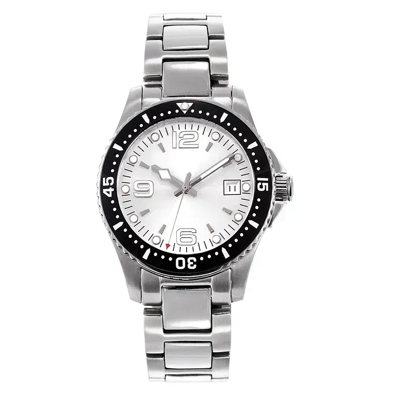 Stainless steel men's watch with black bezel and white dial, perfect for marine enthusiasts.