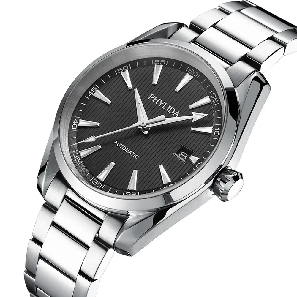 High-quality stainless steel men's wristwatch with black textured dial, date window, and automatic movement.