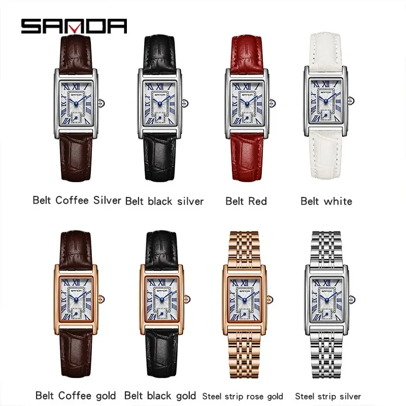 Stylish women's rectangular watch with genuine leather and stainless steel straps.