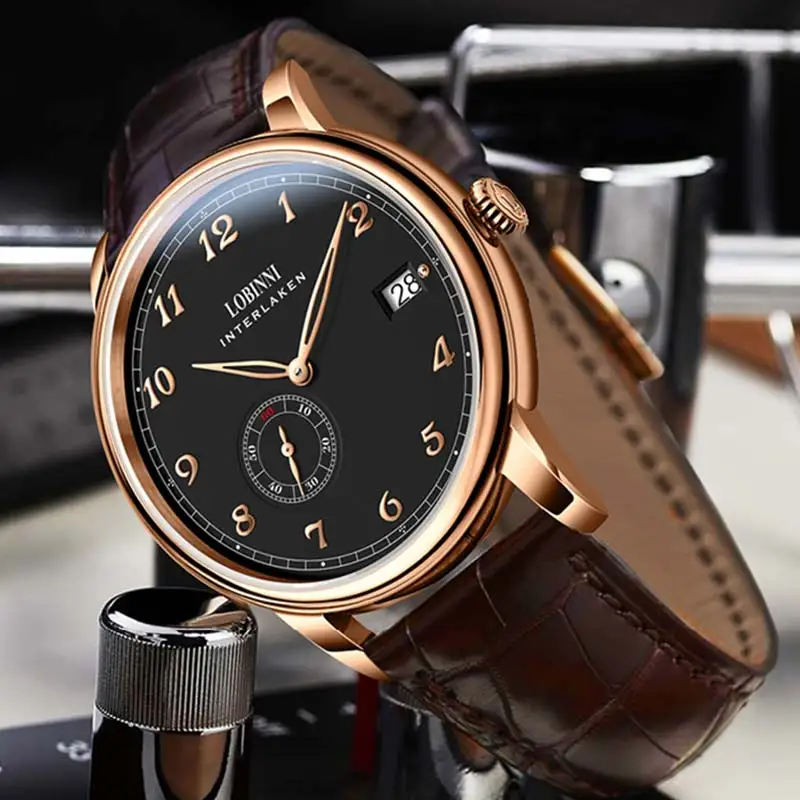 High-end men's luxury watch with black dial, gold case, and leather strap. Perfect for elegant style and luxury accessories.