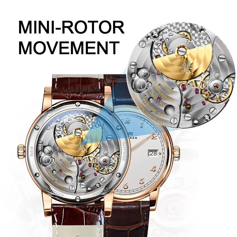 Exquisite watch with mini-rotor movement, skeleton dial, and leather strap. Perfect for luxury and style.