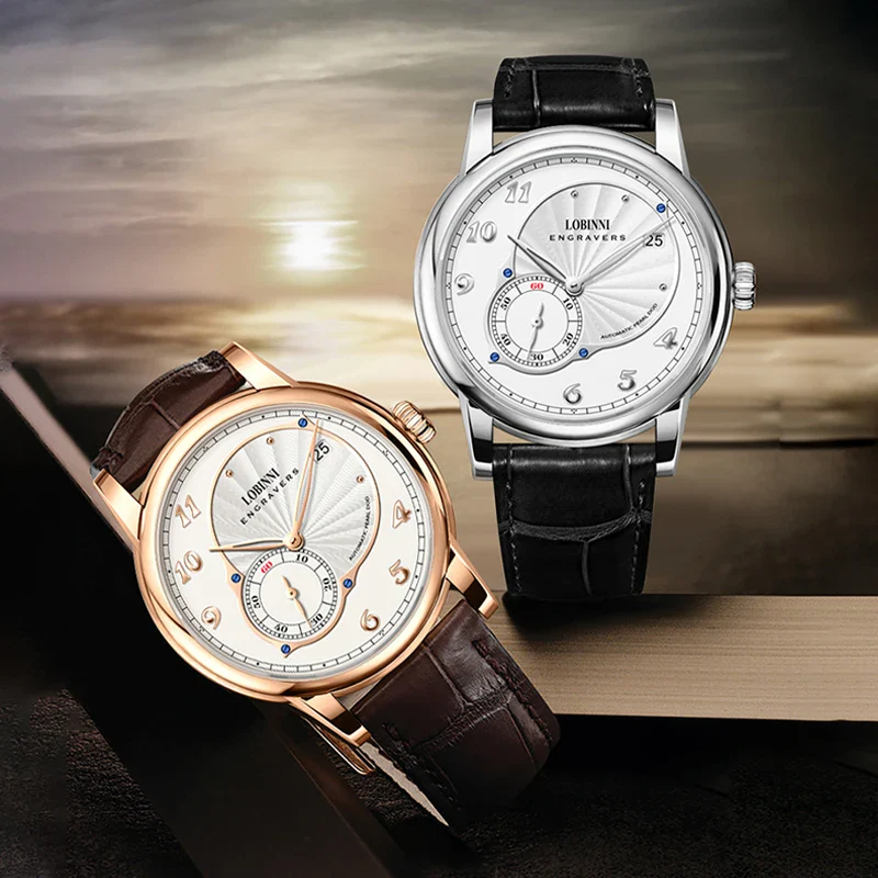 Elegant men's wristwatches with leather straps, one in gold and one in silver, showcasing sophisticated design.