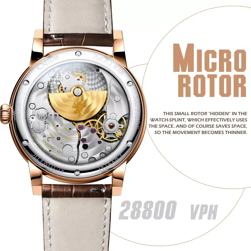 Intricate mechanical watch with micro rotor, automatic movement, and luxury design.