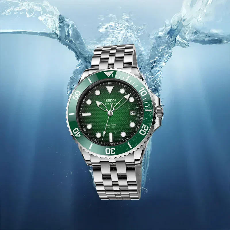 Waterproof diver watch with stainless steel band and luminous markers.