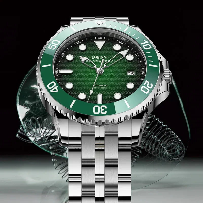 High-quality stainless steel men's diver watch with green dial and bezel, automatic movement, water-resistant to 300m.