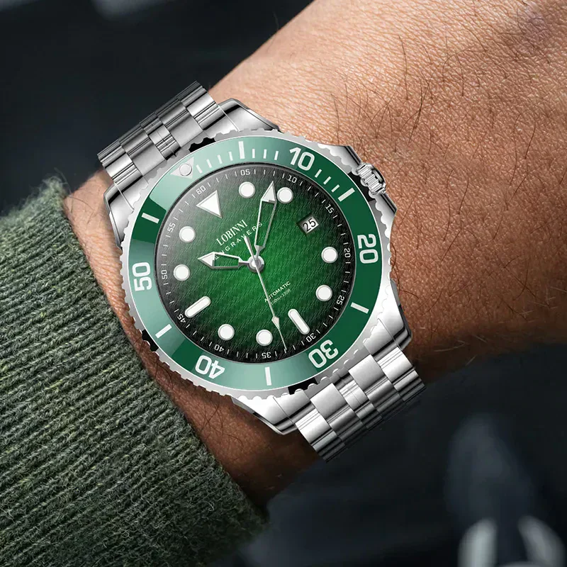 High-quality men's stainless steel dive watch with vibrant green dial, functional date display, and automatic movement.