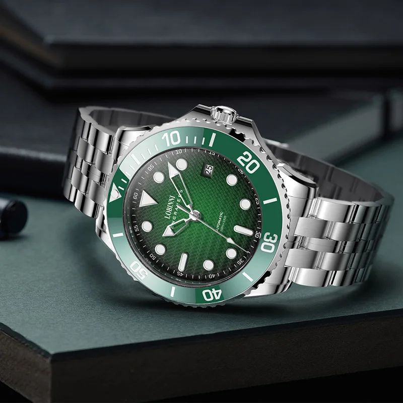 Polished stainless steel dive watch with green bezel and dial, automatic movement, perfect for maritime enthusiasts.
