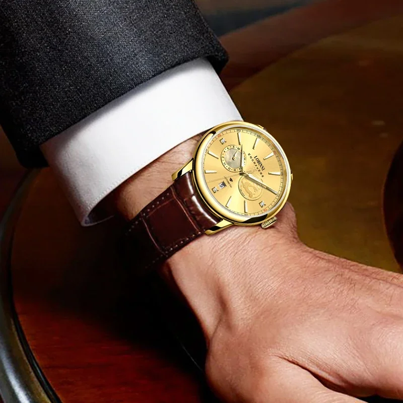 Elegant gold wristwatch featuring a leather band and multifunction dial for sophisticated style.