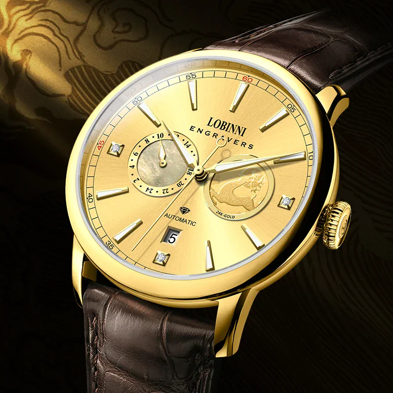 Elegant gold wristwatch with diamond accents and leather strap.