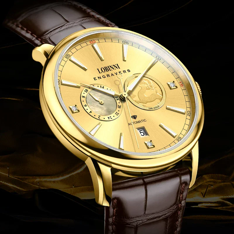 Elegant gold wristwatch with a brown leather strap and multifunctional dials, perfect for men’s luxury jewelry collection.