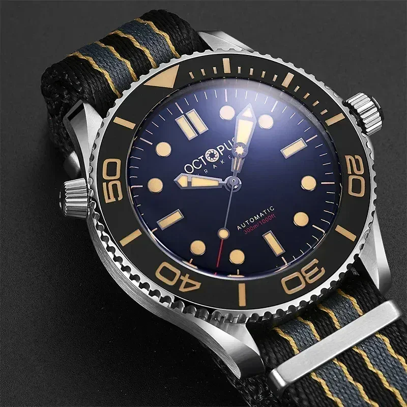 High-Quality Octopus Dive Watch with Blue Dial and Black & Gold Strapped Wrist.
