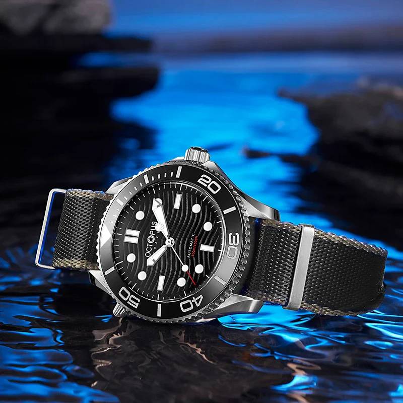 High-quality black dive watch with stainless steel bezel and water resistance.