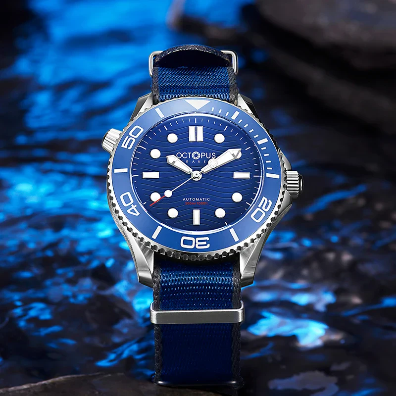High-quality blue dive watch with stainless steel case and waterproof features. Perfect for underwater adventures.