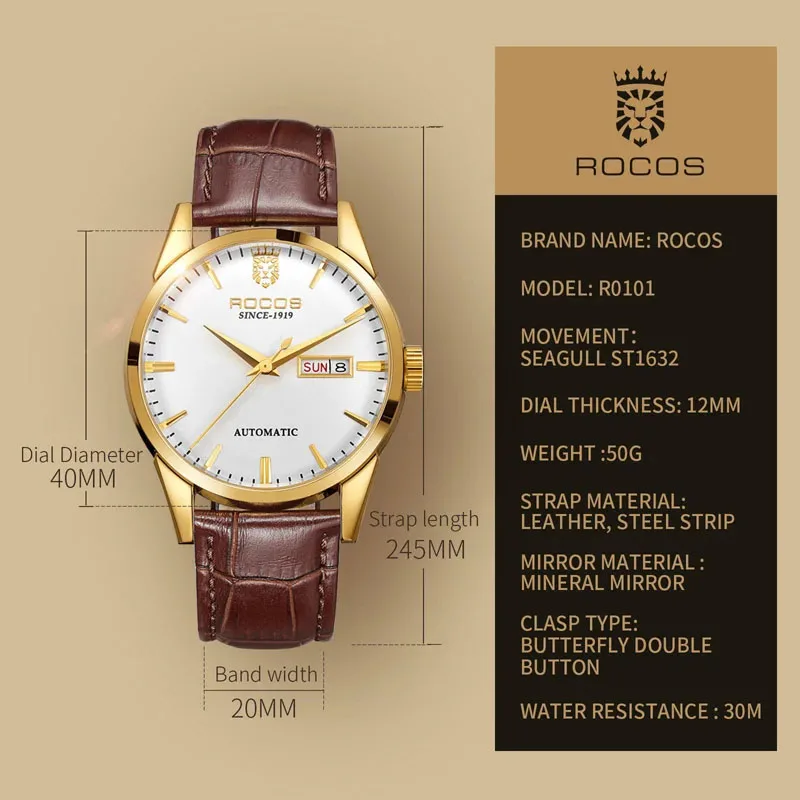 ROCOS Man Automatic Mechanical Watch Top Brand Luxury Fashion Waterproof Watches Skeleton Business Male Analog Wrist Watch