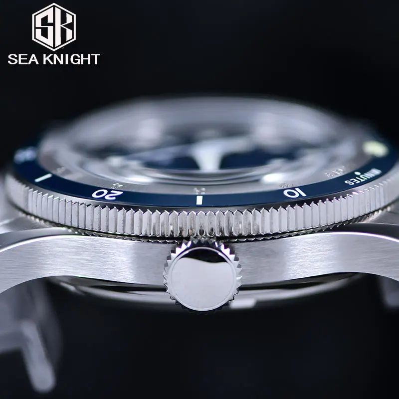 High-resolution image of a luxury dive watch showcasing a blue bezel, stainless steel case, and detailed crown.