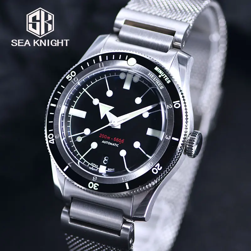 Stainless steel dive watch with black dial and luminous hands.