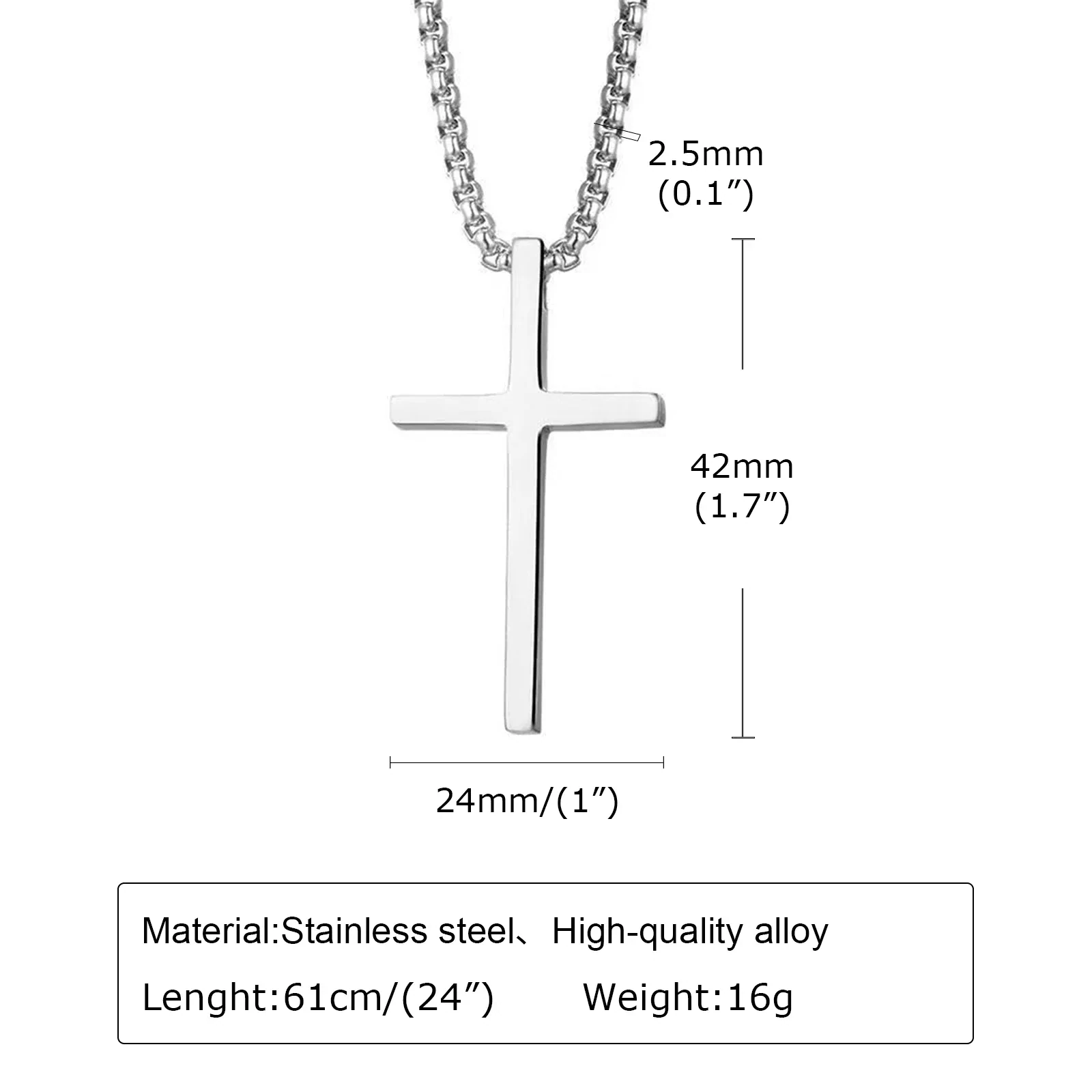 Elegant stainless steel cross necklace with 2.5mm chain, perfect for everyday wear.