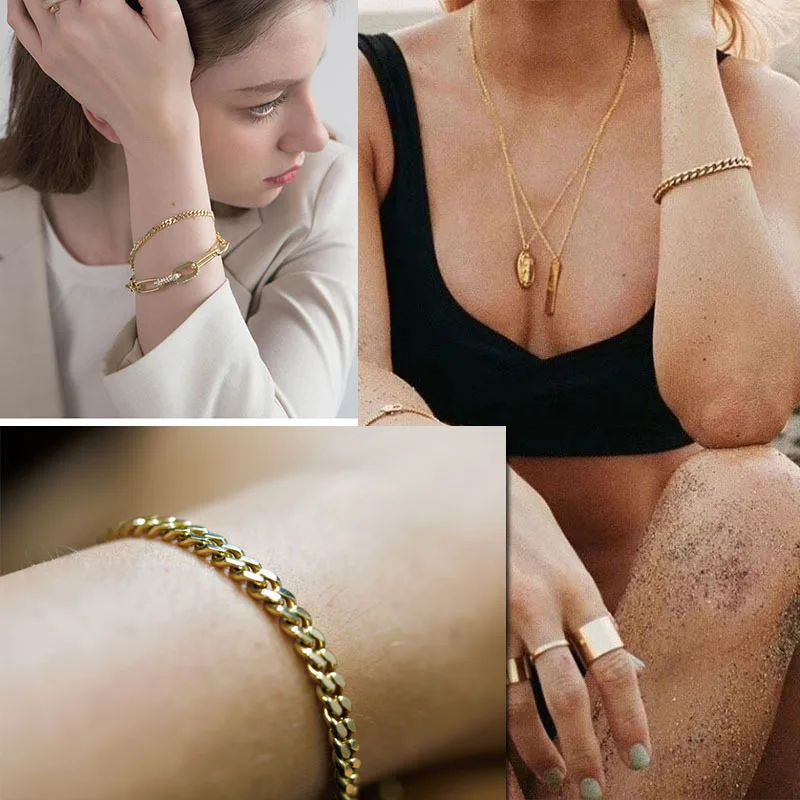 Close-up of layered gold necklaces and bracelets showcasing luxury jewelry.