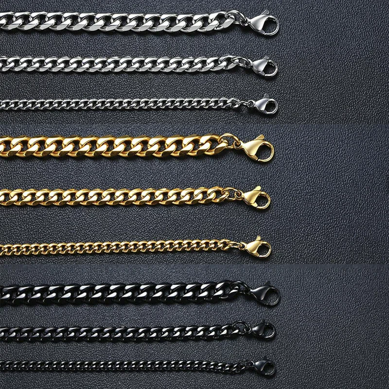 Variety of silver and gold jewelry chains with different thicknesses for stylish accessories.