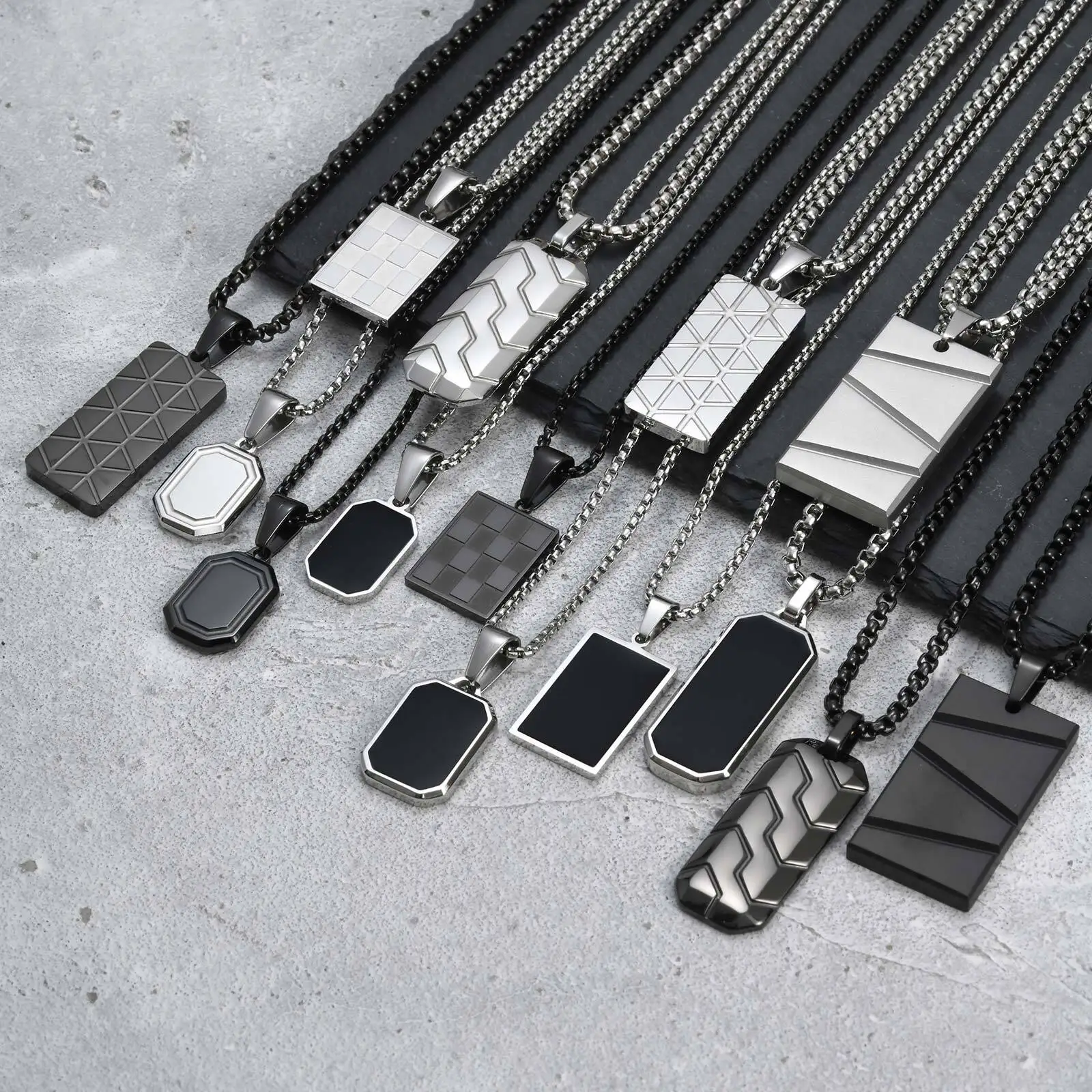 Black and silver geometric pendant necklaces for men.