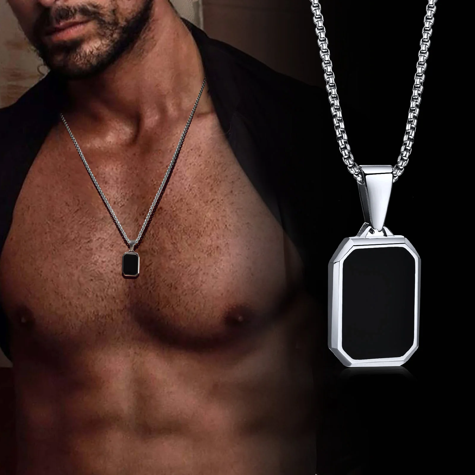 Elegant men's black onyx pendant on silver chain, stylish jewelry accessory.