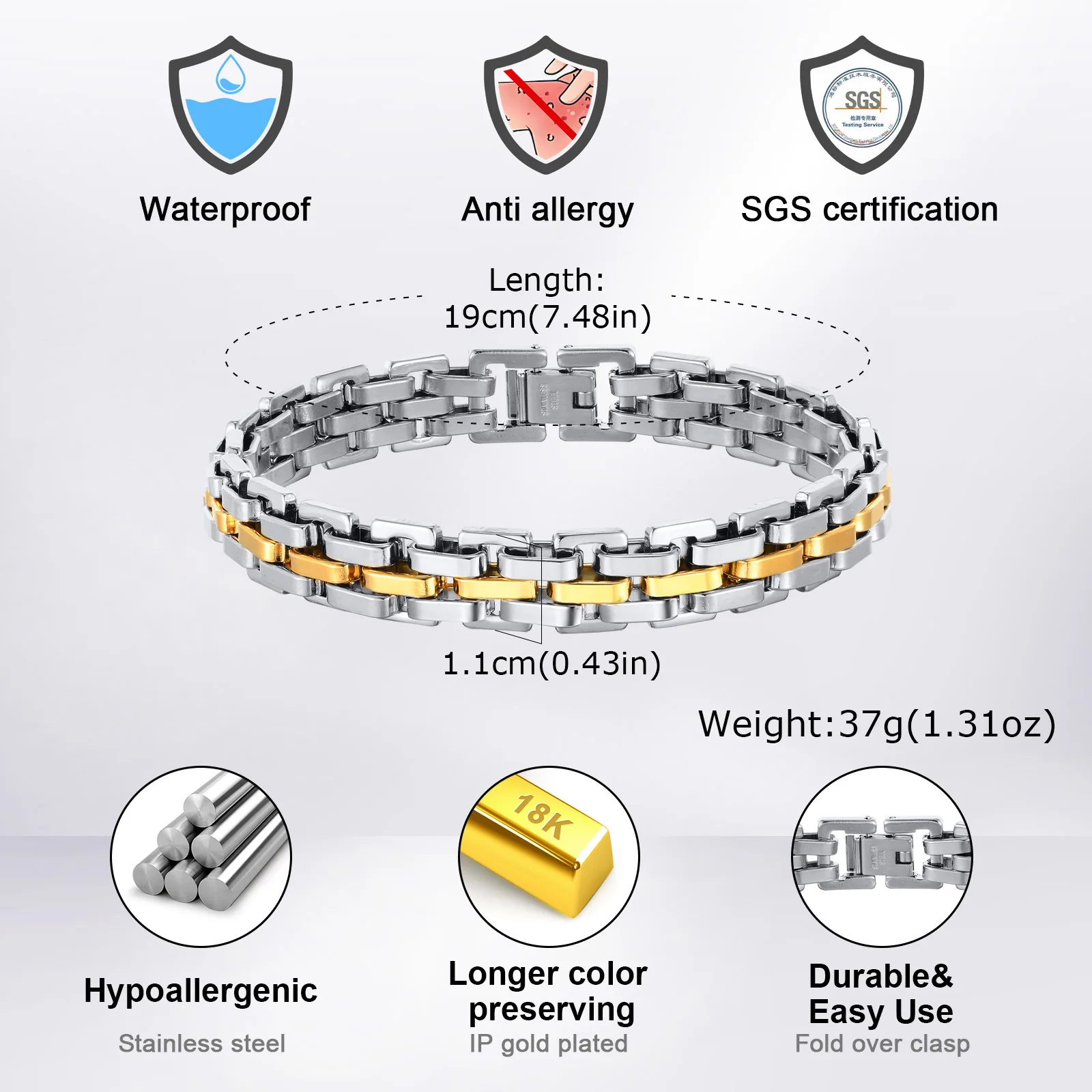 Stainless steel bracelet with gold plating, anti allergy, waterproof, and SGS certified jewelry.