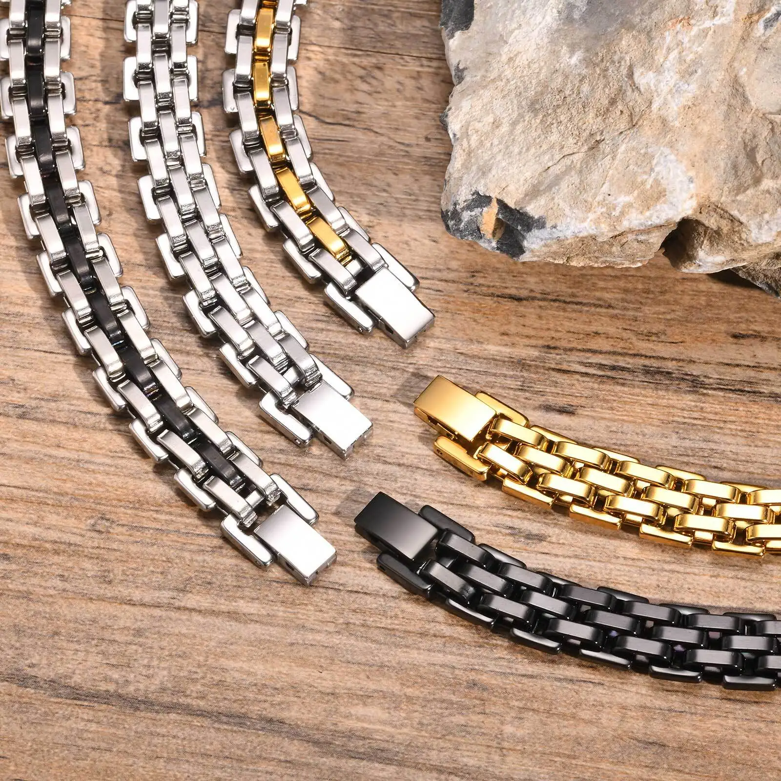 High-quality stainless steel men’s bracelet with black, silver, gold, and matte black finishes.