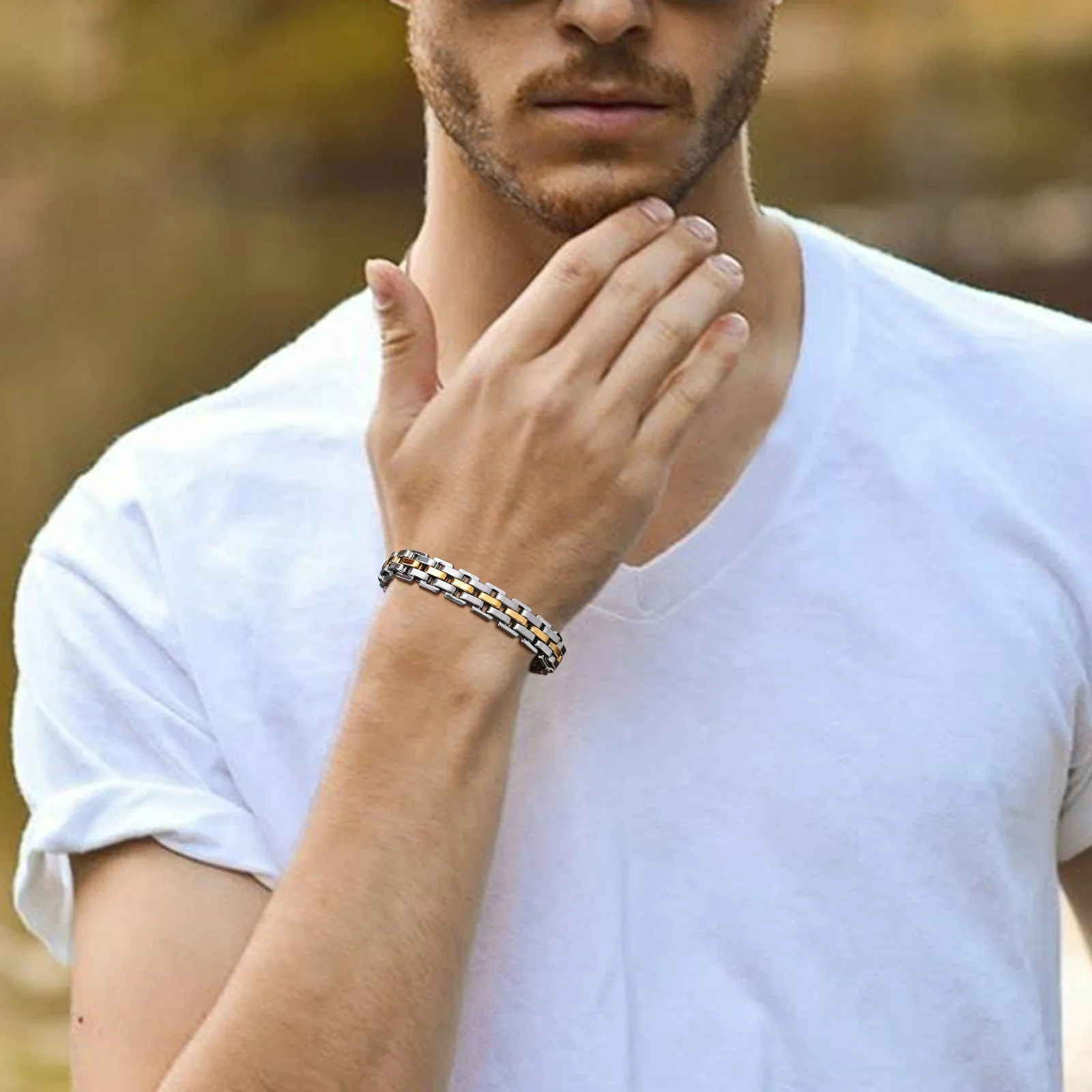 High-quality men's metal bracelet with silver and gold tones, stylish accessory for everyday wear.