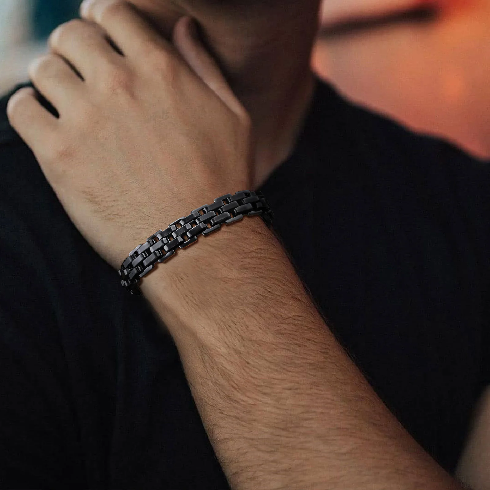 Stylish men's stainless steel bracelet with a sleek black finish, perfect for everyday wear or special occasions.