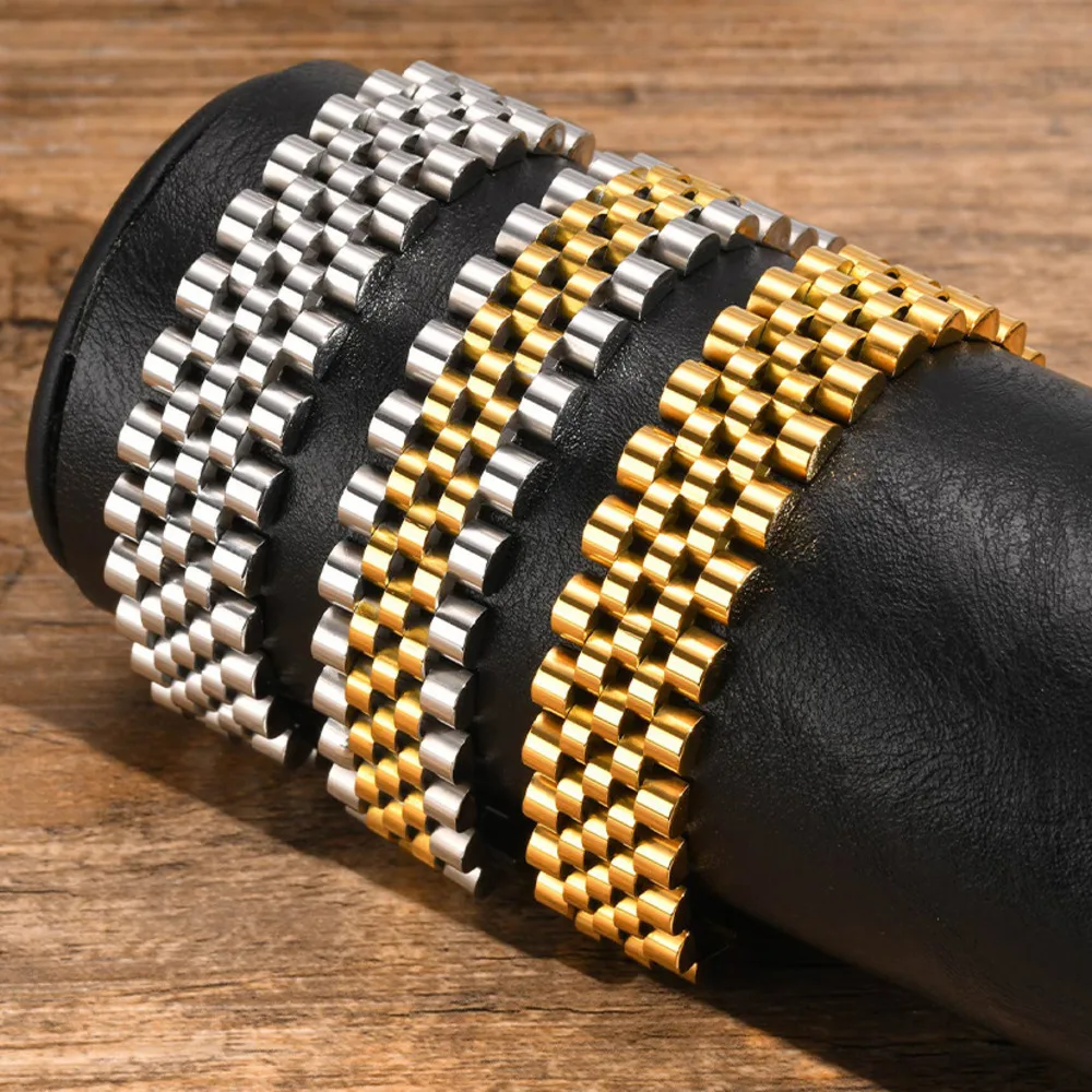 Elegant stainless steel and gold-tone watch bands for men and women. Perfect for luxury jewelry styling.