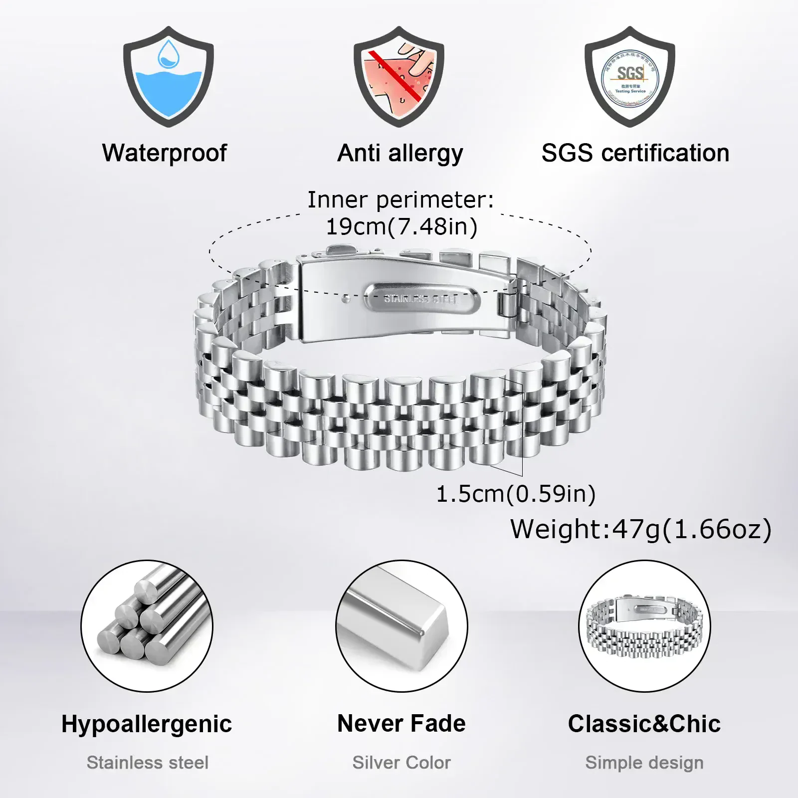 Hypoallergenic silver stainless steel jewelry with adjustable 19cm inner perimeter.