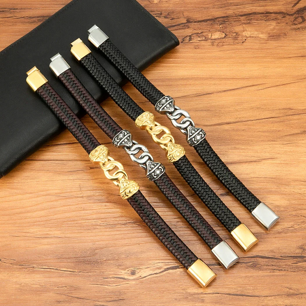 Stylish men's braided leather bracelets with durable metal clasps and intricate chain details. Perfect for masculine jewelry style.