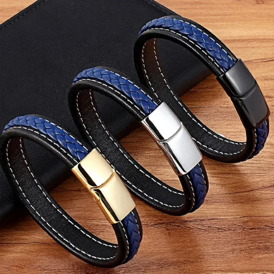 Stylish leather braided bracelets with metallic clasp in gold, silver, and black, perfect for men and women.