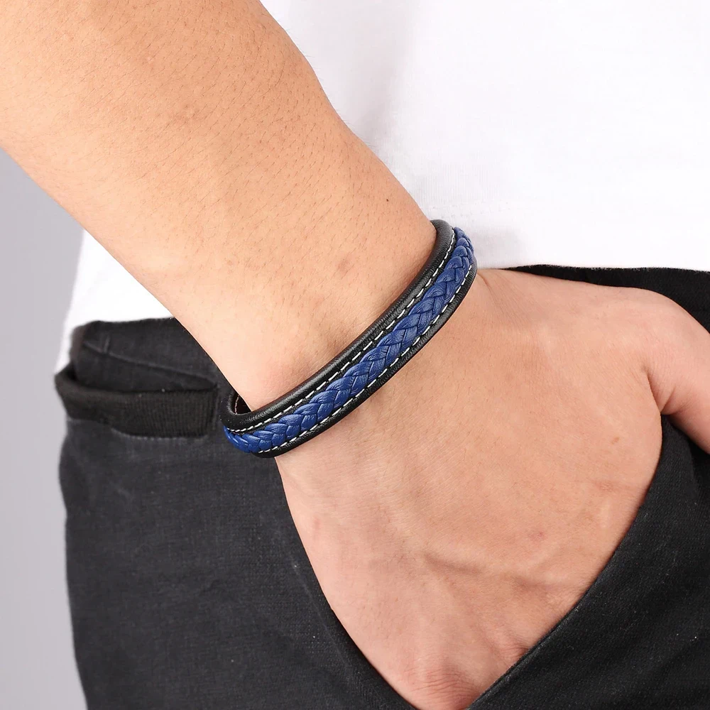 Men's blue braided leather bracelet, fashionable jewelry accessory for daily style.