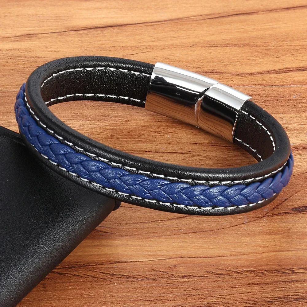 Men's leather braided bracelet with stainless steel clasp, stylish jewelry accessory.