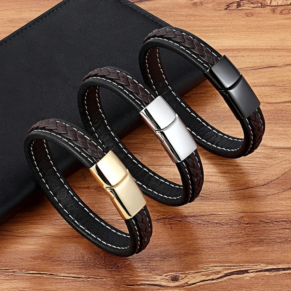 High-quality men's leather bracelets featuring braided design and sleek metal clasps in gold, silver, and black finishes.