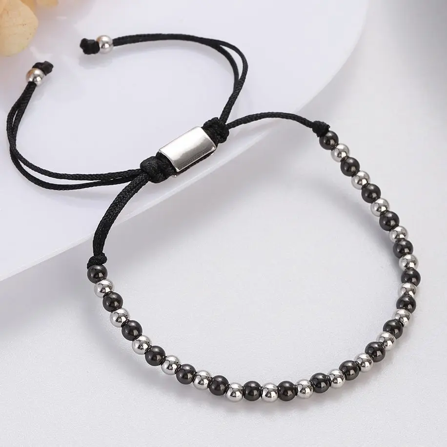 Stylish black and silver beaded adjustable bracelet for men and women. Perfect everyday jewelry accessory.
