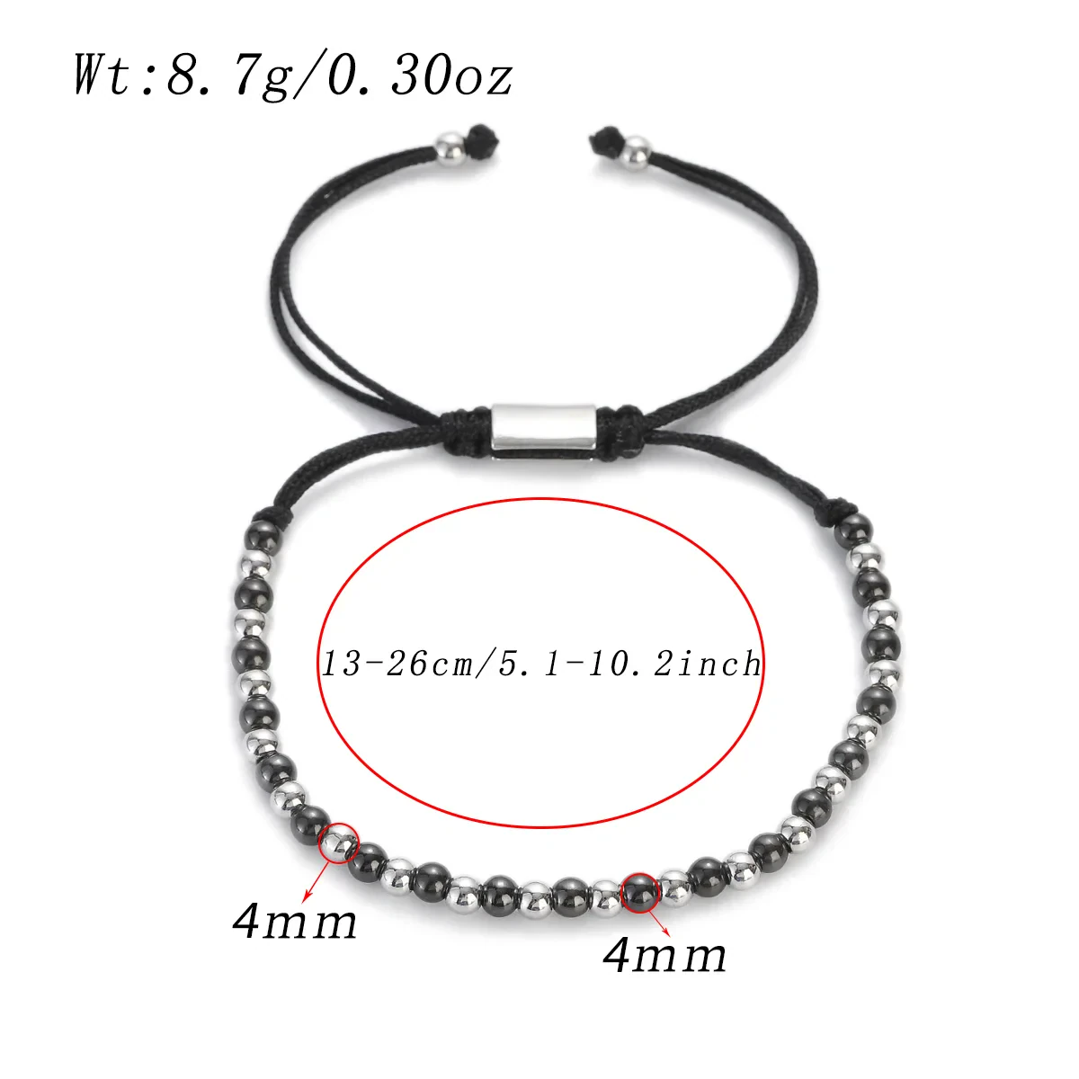 Adjustable black and silver beaded bracelet with 4mm beads, perfect for stylish accessorizing.